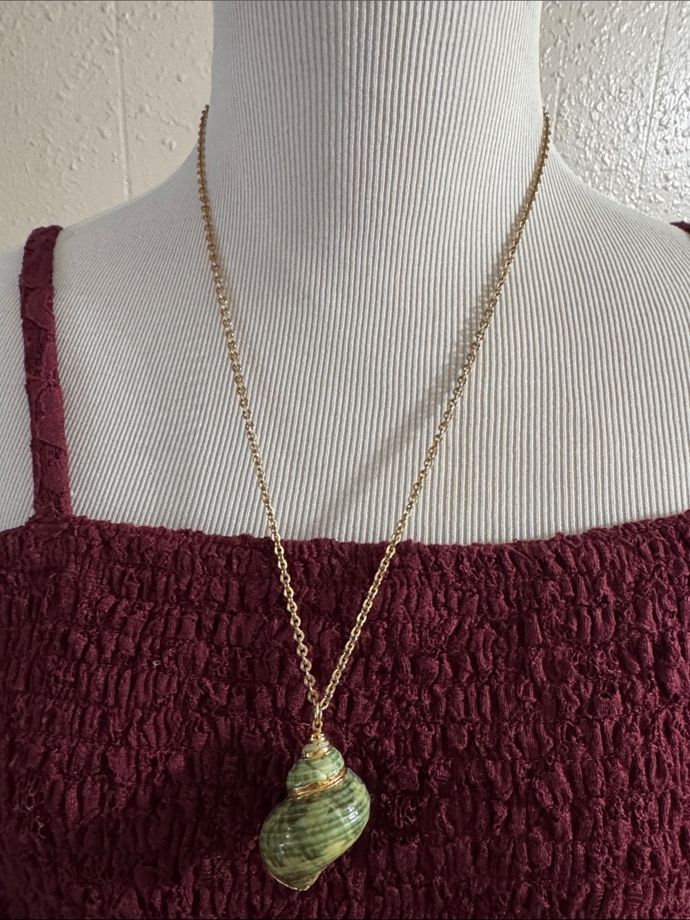 Vintage Gold Chain Necklace with Green Shell Pendant